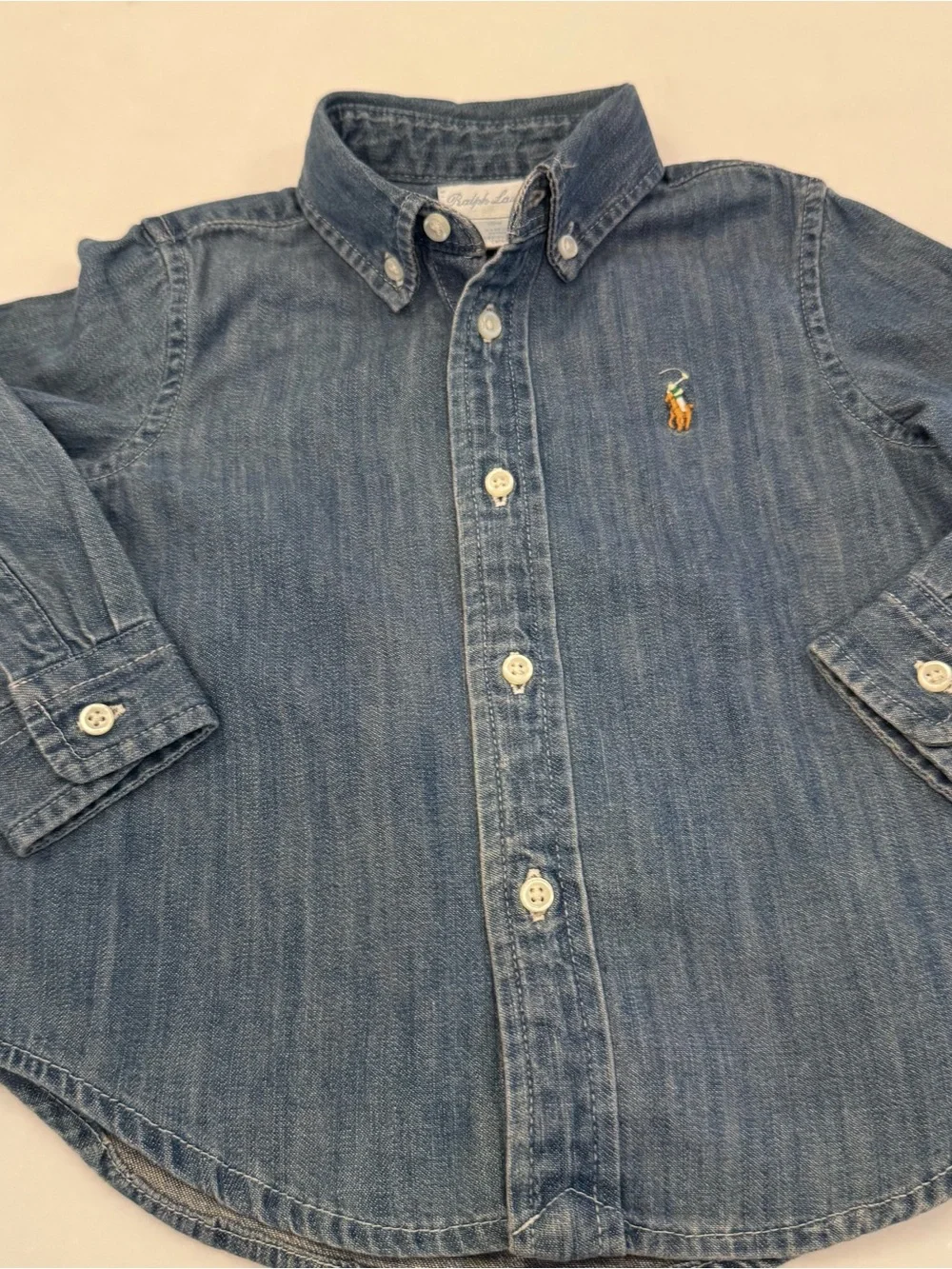Ralph Lauren Unisex Kids 2 PCS Set Denim Shirt Red Jeans Sz 18 Mo. EUC